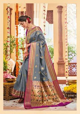 Grey woven banarasi silk saree with blouse 1