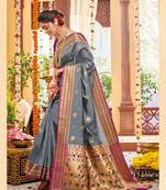Grey woven banarasi silk saree with blouse