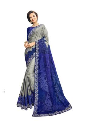 Grey embroidered satin saree with blouse 1