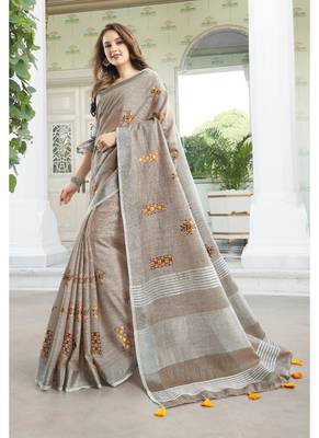 Grey embroidered linen saree with blouse 1