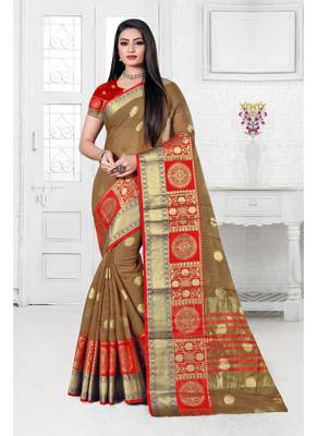 Light brown woven cotton silk saree with blouse 1