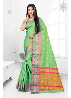 Light green woven banarasi silk saree with blouse 1