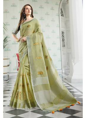 Light green embroidered linen saree with blouse 1