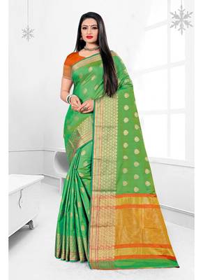 Light green woven banarasi silk saree with blouse 1