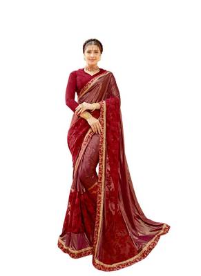 Maroon embroidered lycra saree with blouse 1