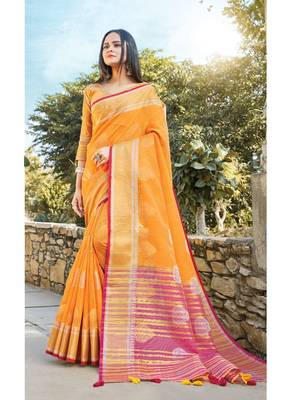 Mustard woven linen saree with blouse 1