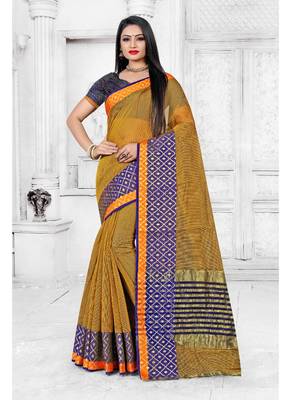 Mustard woven cotton silk saree with blouse 1