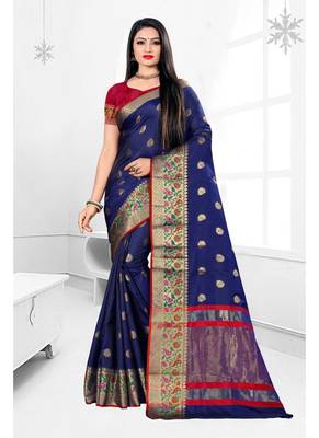 Navy blue woven banarasi silk saree with blouse 1