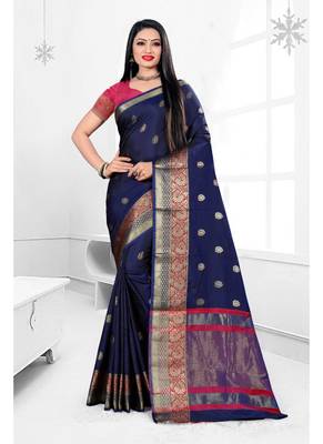 Navy blue woven banarasi silk saree with blouse 1