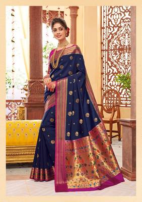 Navy blue woven banarasi silk saree with blouse 1