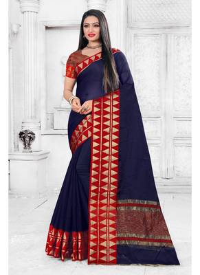 Navy blue woven cotton silk saree with blouse 1