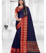 Navy blue woven cotton silk saree with blouse