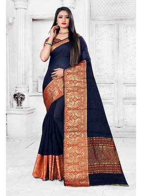 Navy blue woven cotton silk saree with blouse 1