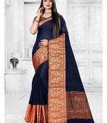 Navy blue woven cotton silk saree with blouse