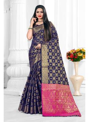 Navy blue woven banarasi silk saree with blouse 1
