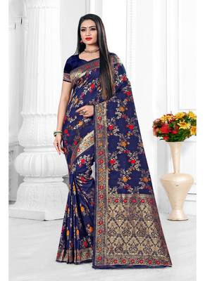 Navy blue woven banarasi silk saree with blouse 1