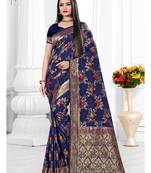 Navy blue woven banarasi silk saree with blouse