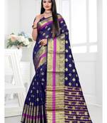 Navy blue woven cotton silk saree with blouse
