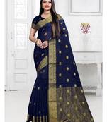 Navy blue woven cotton silk saree with blouse