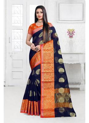 Navy blue woven cotton silk saree with blouse 1