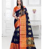 Navy blue woven cotton silk saree with blouse