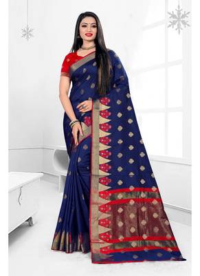 Navy blue woven banarasi silk saree with blouse 1