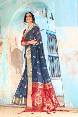 Navy blue woven cotton silk saree with blouse 1