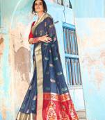 Navy blue woven cotton silk saree with blouse