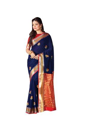 Navy blue embroidered cotton saree with blouse 1