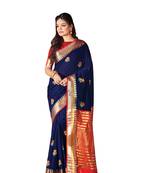 Navy blue embroidered cotton saree with blouse