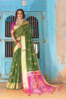 Olive woven cotton silk saree with blouse 1