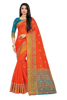 Orange woven cotton silk saree with blouse 1