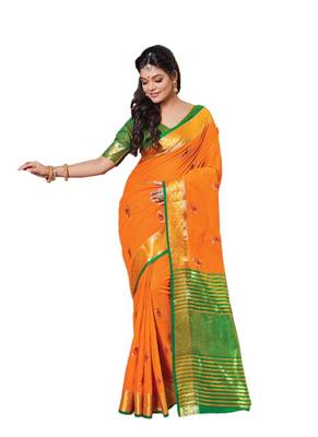 Orange embroidered cotton saree with blouse 1