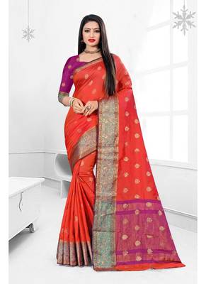Orange woven banarasi silk saree with blouse 1