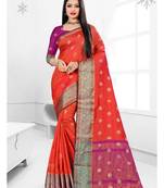 Orange woven banarasi silk saree with blouse