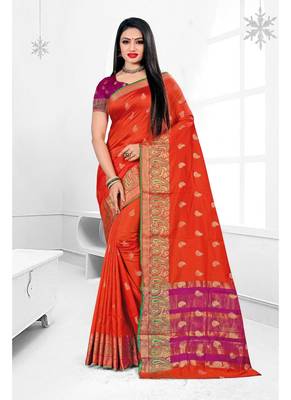 Orange woven banarasi silk saree with blouse 1