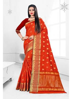 Orange woven banarasi silk saree with blouse 1