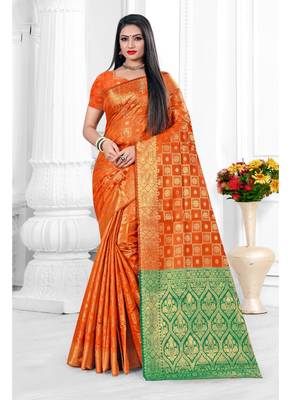 Orange woven banarasi silk saree with blouse 1