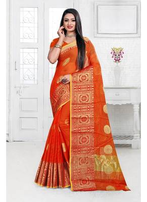 Orange woven cotton silk saree with blouse 1