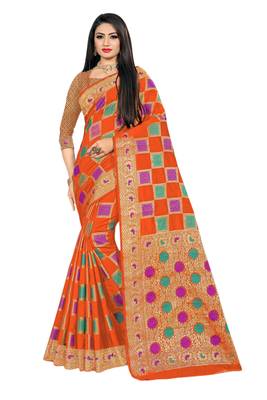 Orange woven cotton silk saree with blouse 1