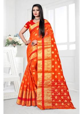 Orange woven cotton silk saree with blouse 1
