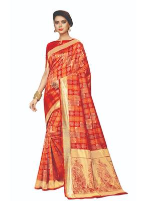 Orange woven jacquard saree with blouse 1