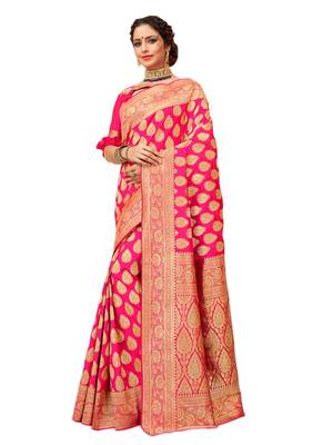Pink woven art silk saree with blouse 1