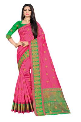 Pink woven cotton silk saree with blouse 1
