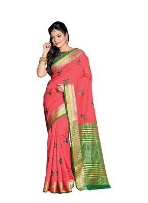 Pink embroidered cotton saree with blouse 1