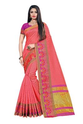Pink woven organza saree with blouse 1