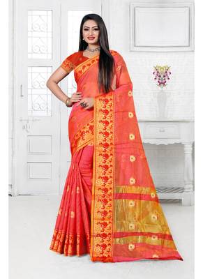 Pink woven cotton silk saree with blouse 1