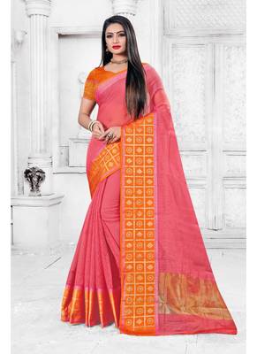 Pink woven cotton silk saree with blouse 1