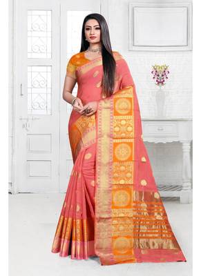 Pink woven cotton silk saree with blouse 1