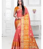Pink woven cotton silk saree with blouse